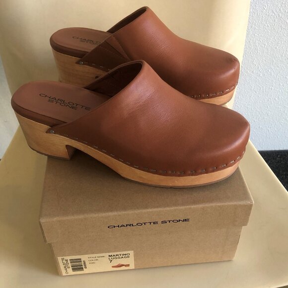 Charlotte Stone Martino Low Heel Wooden Clogs in Tan Leather - Picture 2 of 7